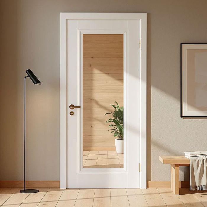 White Primed Bevelled Edge Shaker Door with Clear Glass - Image 2