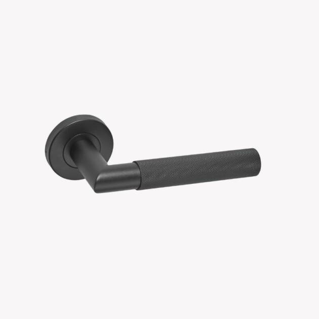 Knurled Matte Black Door Handles on Rose