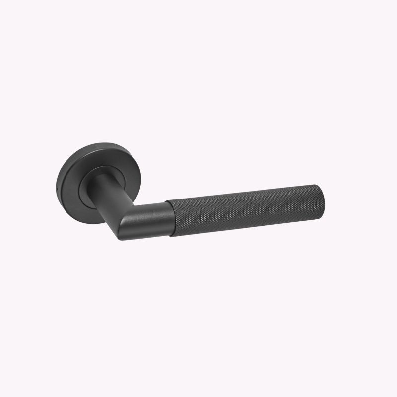 Knurled Matte Black Door Handles on Rose