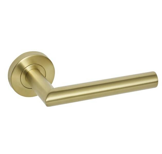Mitred Satin Brass Door Handles on Rose