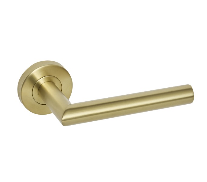 Mitred Satin Brass Door Handles on Rose